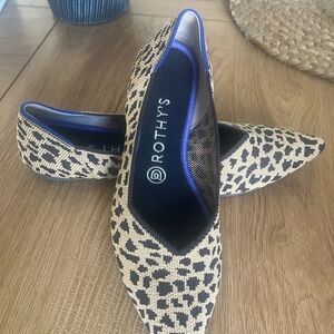 Rothy's Pointed Toe Flats in Black and Cream Animal Print
